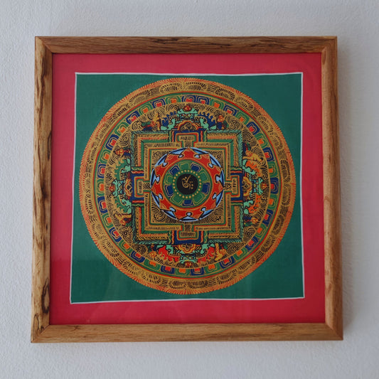 Indrammet Thangka - Rødgrøn Mandala